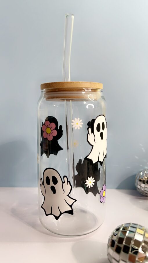 Ghost Middle Finger Iced Coffee Glass Cup